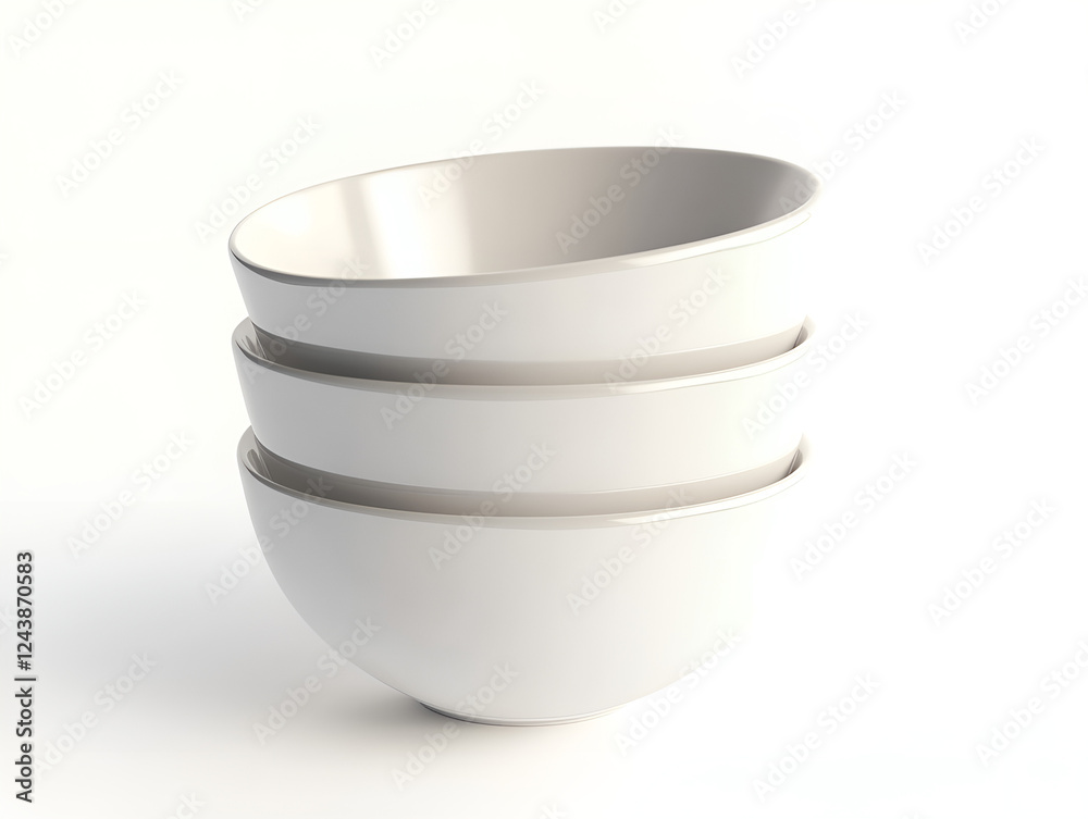 Stack of three elegant white ceramic bowls on a clean white background Stack of three elegant white ceramic bowls on a clean white background
