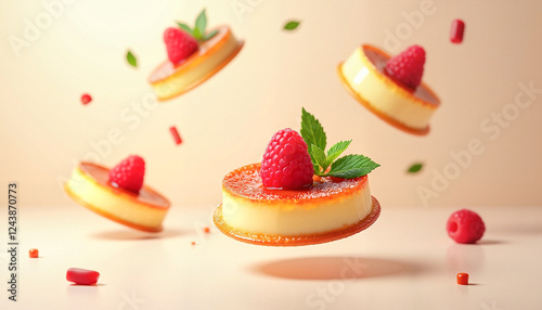 Floating crème brûlée topped with fresh raspberries and mint against a soft ivory background, elegant dessert photography concept.