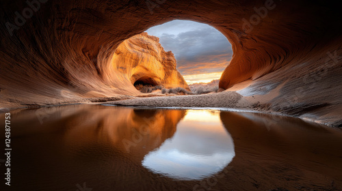 Wallpaper Mural dramatic canyon with layered rock formations and serene water reflection at sunset. warm colors of rocks contrast beautifully with cool tones of sky, creating breathtaking scene Torontodigital.ca