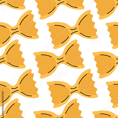 A cute seamless pattern with yellow doodle farfalle pasta. Italian macaroni print. Background, banner, wallpaper, wrapping paper, fabric, notebook cover template.
