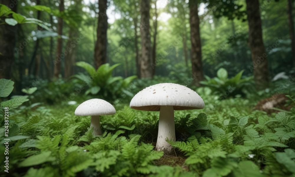 White mushroom surrounded by green leaves in plantation, agriculture industry, vegetable, organic farming White mushroom surrounded by green leaves in plantation, agriculture industry, vegetable, organic farming