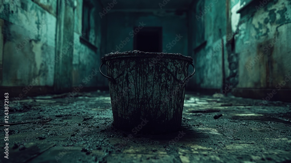 Fototapeta premium Abandoned hallway, dirty bucket, dimly lit, mysterious old building