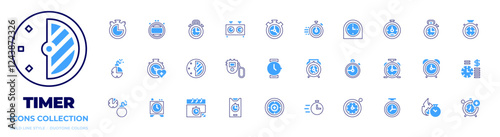 Timer icon collection. Bold line style. Duotone colors. chronometer, deadline, timer, wristwatch, stopwatch, time, mobilephone, alarm, calendar, alarmclock