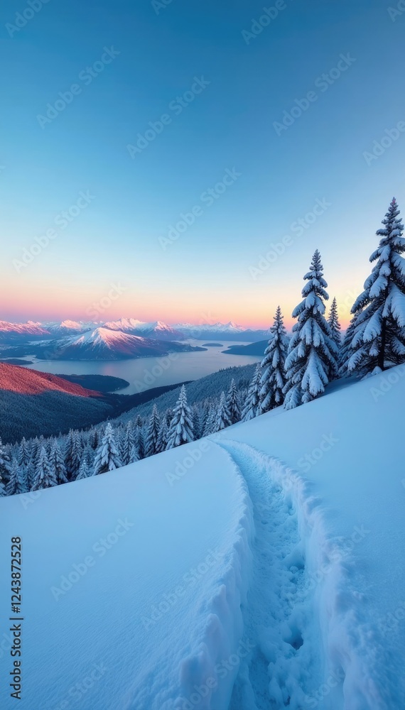 Obraz premium A serene winter landscape with snow-covered hills and trees under a bright blue sky at dusk, cold, serene, hill
