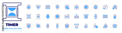 Timer icon collection. Bold line style. Duotone colors. kitchentimer, timer, wristwatch, stopwatch, alarmclock, clock, watch, chronometer, chessclock, hourglass