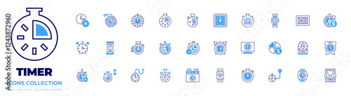 Timer icon collection. Bold line style. Duotone colors. timer, time, sandclock, chronometer, watch, stopwatch, alarmclock, clock, pocketwatch, threequarters, location