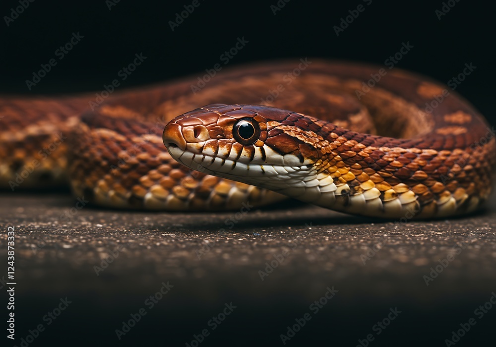 Fototapeta premium A close-up shot of a snake resting on the ground, showcasing its detailed scales and striking patterns against a blurred background.