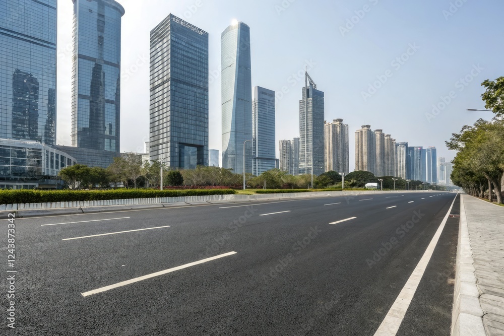 Wide asphalt road stretching through a modern cityscape with sleek skyscrapers and glass towers in the background, modern city, concrete highway Wide asphalt road stretching through a modern cityscape with sleek skyscrapers and glass towers in the background, modern city, concrete highway