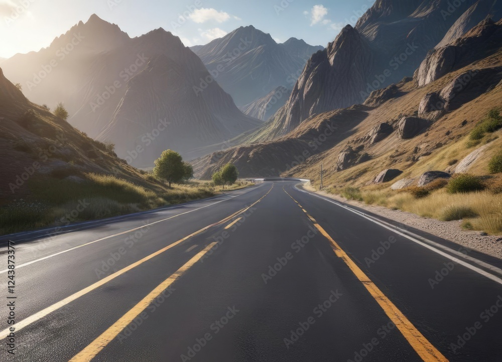 Naklejka premium Wide shot of a single lane asphalt highway winding through a mountainous terrain, nature, hills, single lane