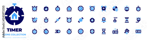 Timer icon collection. Bold style. Duotone colors. timer, clock, pocketwatch, alarmclock, wristwatch, chronometer, deadline, alarm, stopwatch