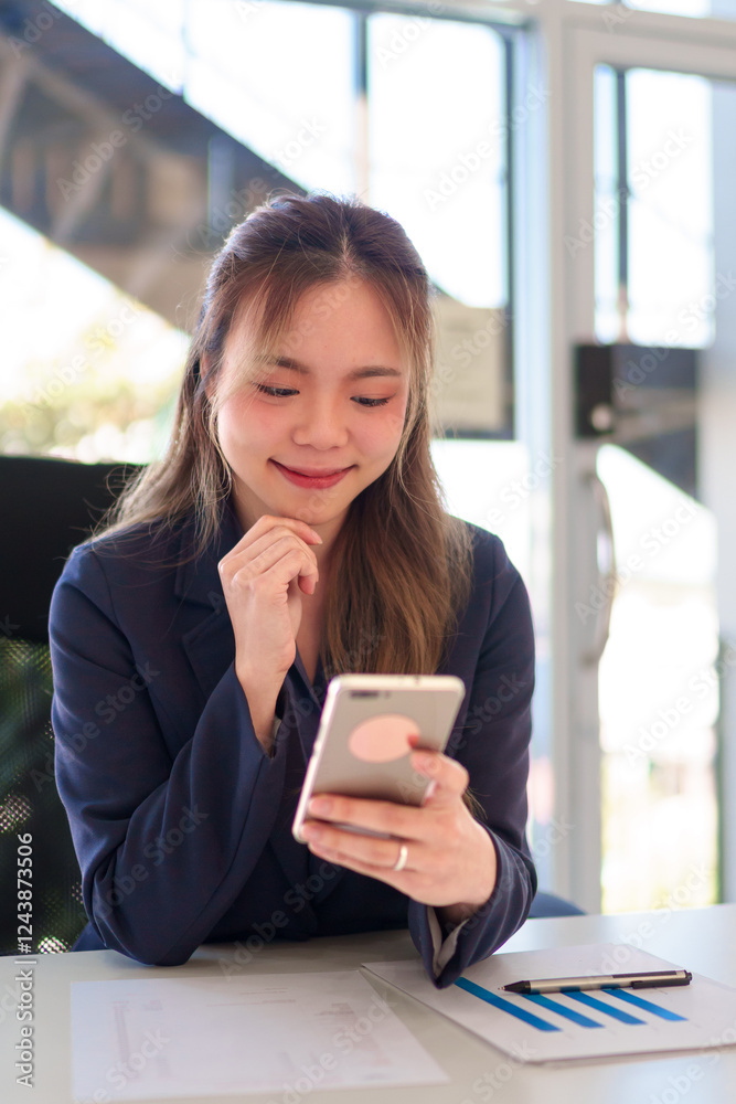 Obraz premium Close-up of a young Asian businesswoman using a smartphone while working in a bright and modern office