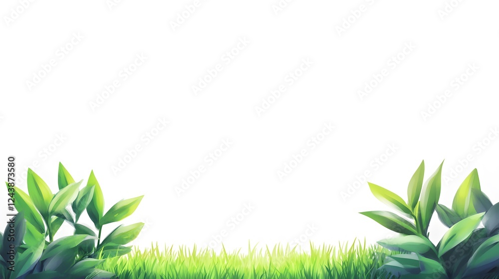 Obraz premium Lush Green Leaves and Grass Border on a White Background