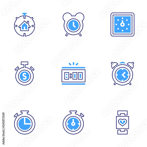 Timer icon set. Bold line style. Duotone colors. Editable stroke. chronometer, alarm, stopwatch, deadline, watch, clock, digitalalarmclock, alarmclock