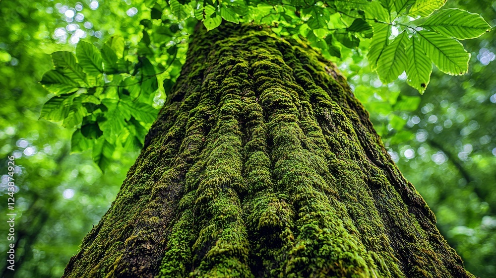 Fototapeta premium Lush Mossy Tree Trunk in Serene Forest Nature Photography Vibrant Green Environment Close-Up Perspective