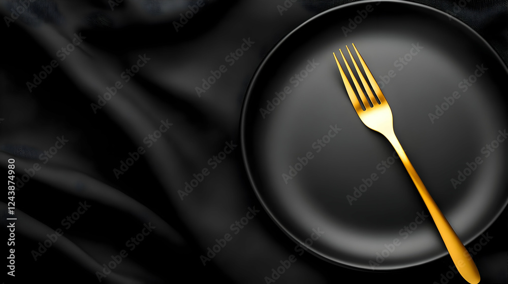 Elegant black plate with a golden fork on a black satin fabric background, perfect for food presentation. Elegant black plate with a golden fork on a black satin fabric background, perfect for food presentation.