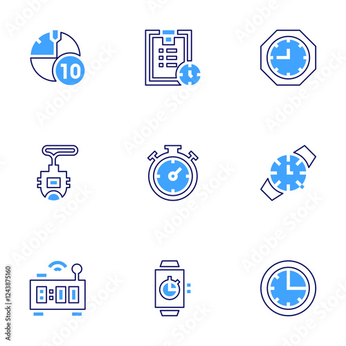 Timer icon set. Bold line style. Duotone colors. Editable stroke. timer, chronometer, smartclock, clock, wristwatch, timemanagement, smartwatch