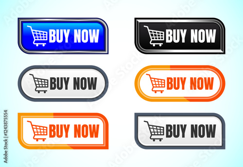 Buy Now button set of different shapes and colors. Suitable for mobile app, and website UI design.