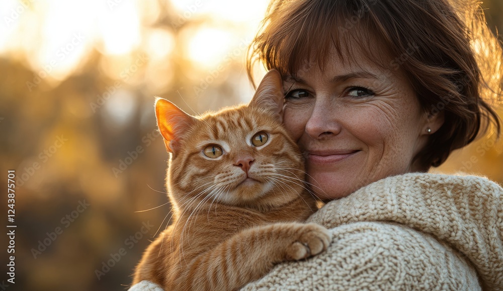 Woman Holding Ginger Cat with Warm Smile in Natural Light During Golden Hour Outdoors in a Scenic Background Woman Holding Ginger Cat with Warm Smile in Natural Light During Golden Hour Outdoors in a Scenic Background