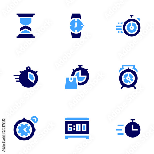 Timer icon set. Bold style. Duotone colors. chronometer, timer, time, wristwatch, hourglass, alarm, stopwatch, alarmclock