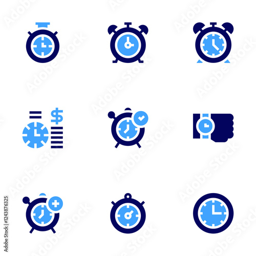 Timer icon set. Bold style. Duotone colors. chronometer, timeismoney, alarm, timer, clock, alarmclock, wristwatch