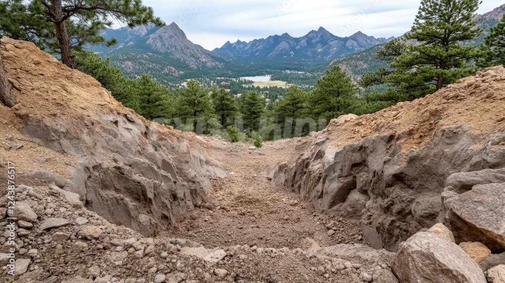Fototapeta premium Scenic mountain landscape showing a dirt pathway winding through forested terrain with rocky slopes and a lake in the distance during cloudy weather