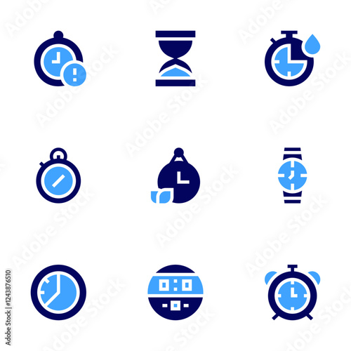 Timer icon set. Bold style. Duotone colors. deadline, hourglass, clock, chronometer, time, stopwatch, quickdry, alarmclock