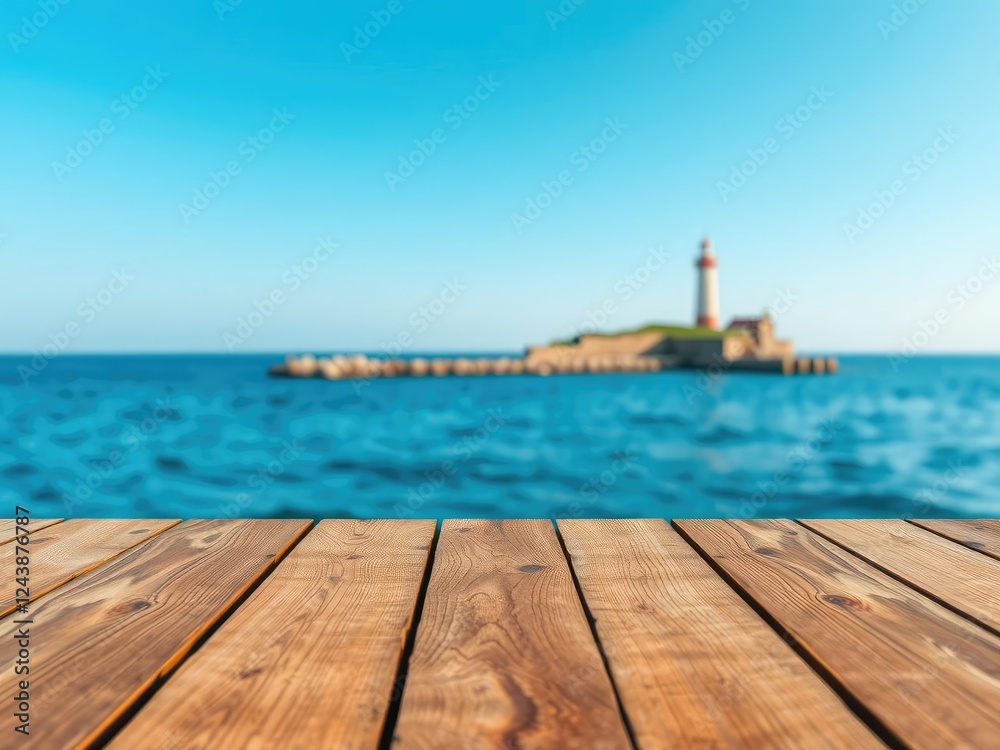 Naklejka premium Wooden table top on blurred sea water with lighthouse in the distance and clear blue summer sky, nautical theme, seaside scenery, lighthouse