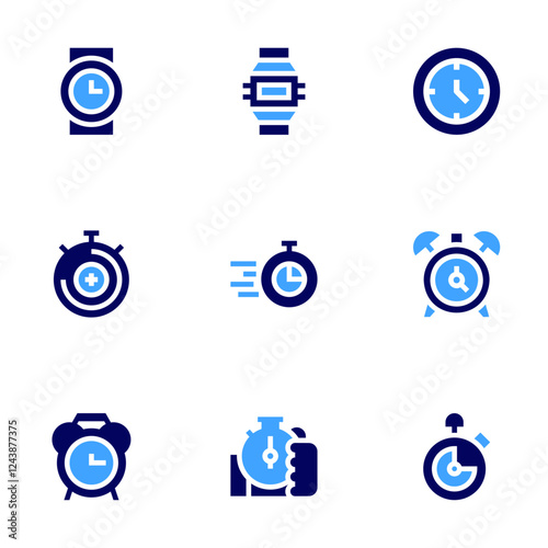 Timer icon set. Bold style. Duotone colors. timer, deadline, clock, wristwatch, stopwatch, alarmclock, chronometer