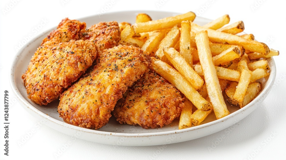 Crispy fried chicken tenders and french fries on a plate, studio shot, white background Crispy fried chicken tenders and french fries on a plate, studio shot, white background