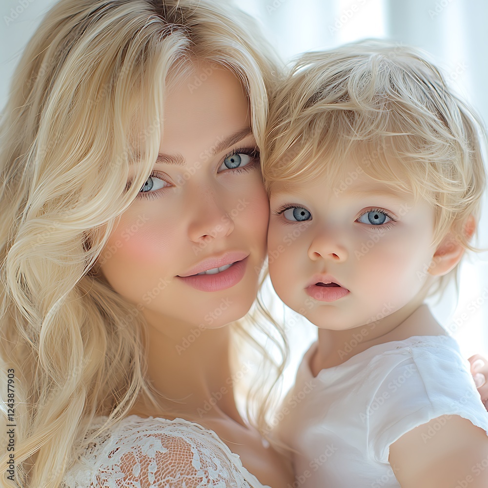 Mother's Love: A portrait of a young, beautiful mother with long blonde hair and bright blue eyes tenderly holding her adorable blonde toddler, who gazes directly at the camera with wide. Mother's Love: A portrait of a young, beautiful mother with long blonde hair and bright blue eyes tenderly holding her adorable blonde toddler, who gazes directly at the camera with wide.
