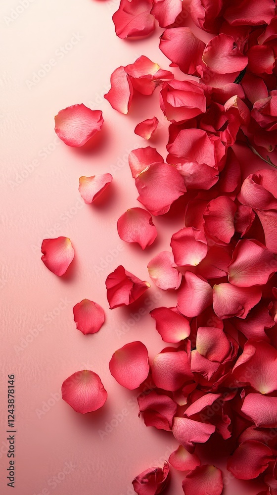 A soft pink background with scattered red rose petals, creating a romantic and elegant composition. Perfect for greeting cards, wedding invitations, and Valentine's Day promotions. A soft pink background with scattered red rose petals, creating a romantic and elegant composition. Perfect for greeting cards, wedding invitations, and Valentine's Day promotions.