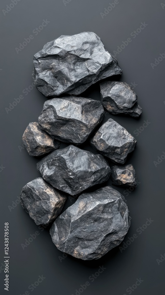 Fototapeta premium Natural dark stones arranged artistically on a sleek surface, showcasing textures and shapes in a minimalist style