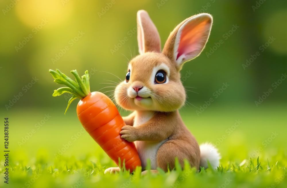 Fototapeta premium A little rabbit holds a large ripe carrot on the grass.