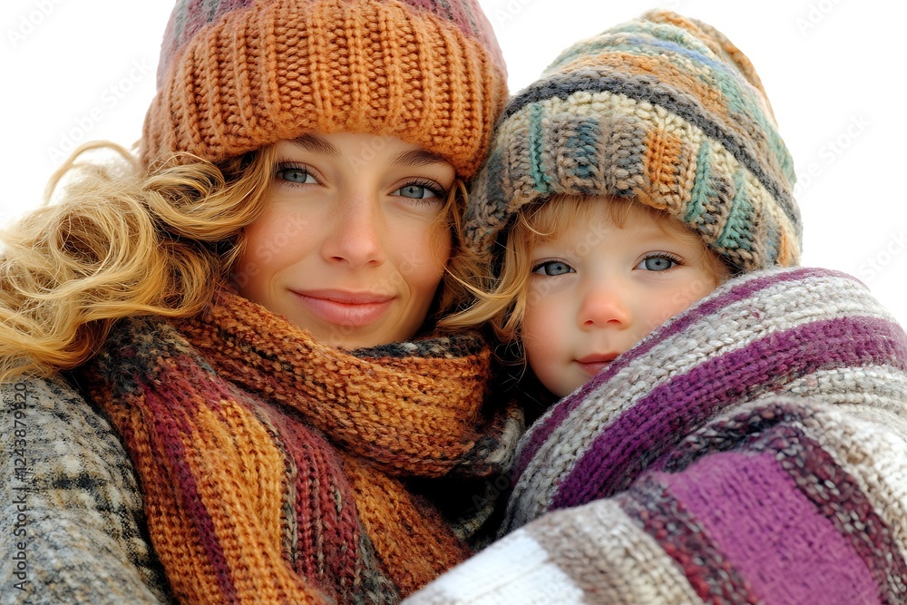 Cozy Winter Embrace: A heartwarming image of a mother and her toddler, bundled in warm knit hats and scarves, sharing a tender moment against a snowy backdrop. Cozy Winter Embrace: A heartwarming image of a mother and her toddler, bundled in warm knit hats and scarves, sharing a tender moment against a snowy backdrop.