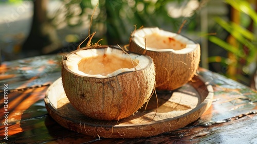 Coconut water served in a hollowed out coconut photo