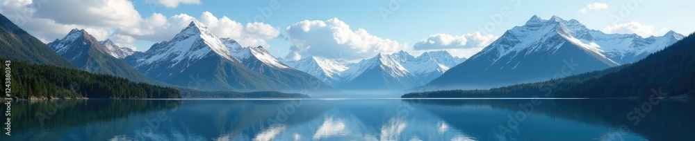 Fototapeta premium Serene mountain peaks rise above a tranquil lake, landscape, lake