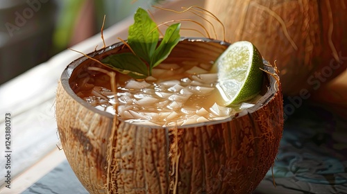 Coconut water served in a hollowed out coconut photo