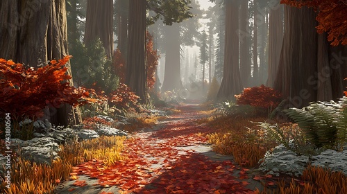 A misty forest with towering redwoods, a soft carpet of fallen leaves, and the distant call of a bird photo