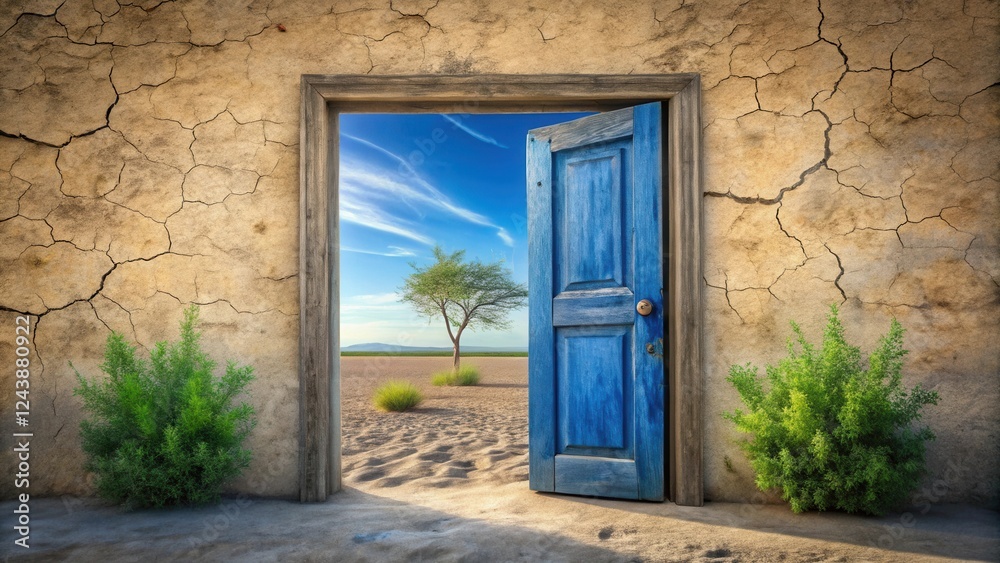 Fototapeta premium A weathered doorway opens to reveal a sun-drenched desert landscape with a lone tree