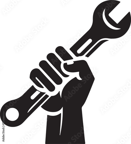 hand holding wrench logo silhouette icon design vector art illustration