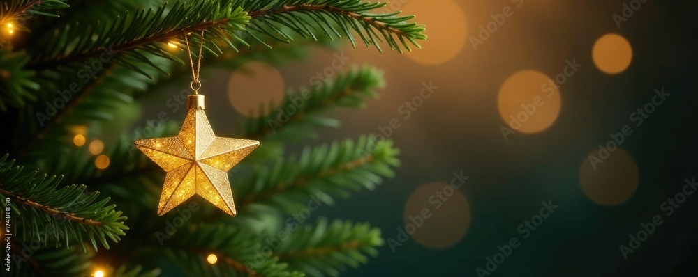 Shiny golden star ornament hanging from the tree's uppermost branch, shiny decorations, Christmas tree branches, ornaments hung high Shiny golden star ornament hanging from the tree's uppermost branch, shiny decorations, Christmas tree branches, ornaments hung high