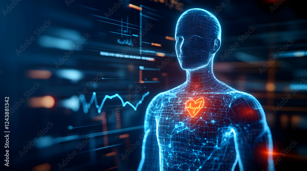 Futuristic digital representation of a human body with a glowing heart and data visualizations. Futuristic digital representation of a human body with a glowing heart and data visualizations.