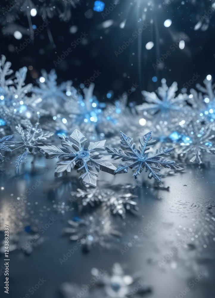 Vibrant blue and silver theme with sparkling lights and icy snowflakes, vibrant, lights, holidays