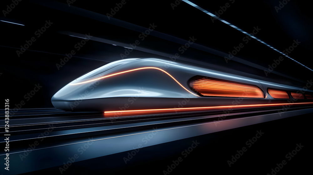 Futuristic train speeding through a tunnel, showcasing sleek design and vibrant lighting in a high-tech environment. Futuristic train speeding through a tunnel, showcasing sleek design and vibrant lighting in a high-tech environment.
