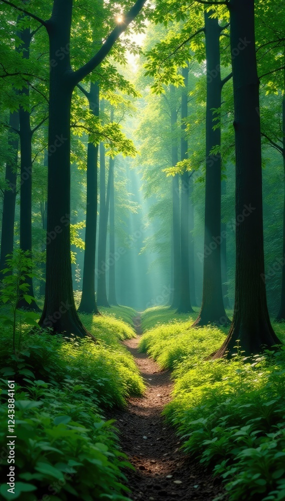 Obraz premium A calm and quiet forest with tall trees and dappled light, forest landscape, peaceful woods, greenery