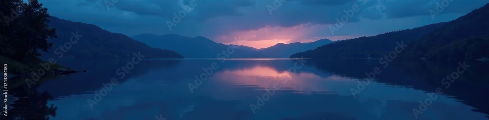 A calm lake at night with spotlight shining on the surface of the water, stillness, lakeside, reflection A calm lake at night with spotlight shining on the surface of the water, stillness, lakeside, reflection
