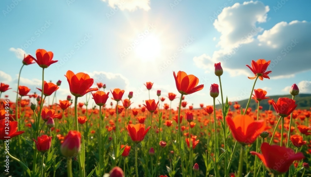 Fototapeta premium A field of Red Turk's cap flowers in full bloom under a sunny sky, red, bloom, sun