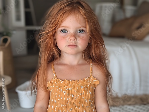 Redhead Girl Portrait: A captivating portrait of a toddler girl with vibrant red hair and striking blue eyes. Her expression is serene, captivating the viewer with her innocent charm.   photo
