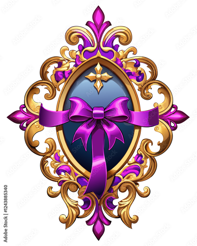 Fototapeta premium Ornate Golden Filigree Frame with Fuchsia Ribbon - Luxurious Decorative Design.