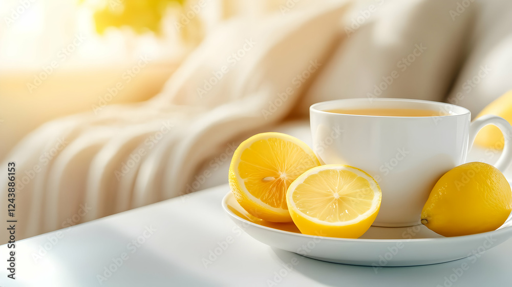 Refreshing cup of lemon tea with vibrant lemons on a cozy table, perfect for a relaxing afternoon. Refreshing cup of lemon tea with vibrant lemons on a cozy table, perfect for a relaxing afternoon.